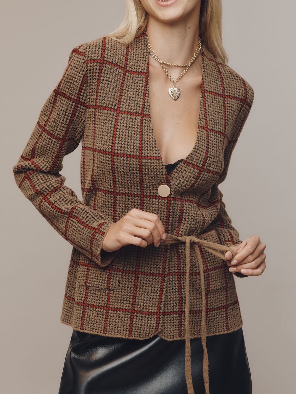 Anthropologie Knit Blazer NVLT Belted Sweater New Medium Brown Plaid Houndstooth